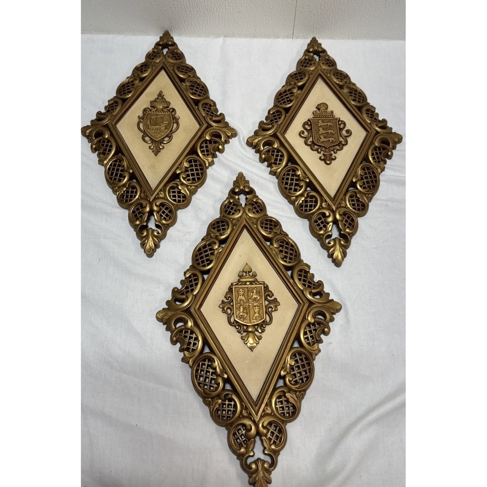 Vintage MCM SYROCO Plaques Gold Ornate Diamond Shape lot of 3